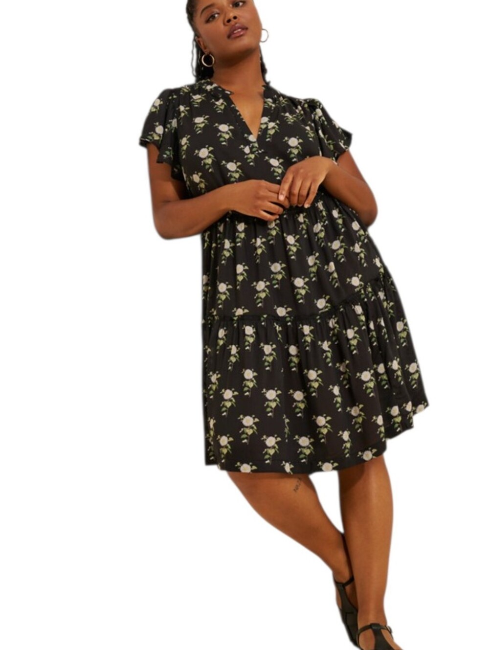 Anthropologie Ruffle-Sleeve V-Neck Mini Dress Black Floral Print Size 2X NWT